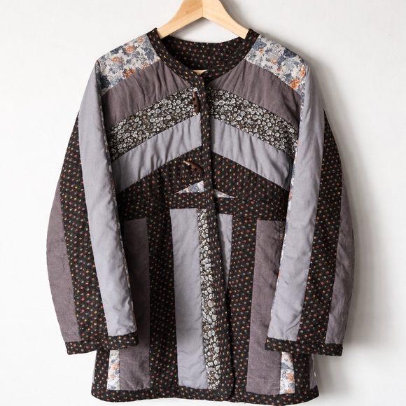 Handmade Quilted Patchwork Jacket Small Grey Black Floral Boho - Picture 2 of 9